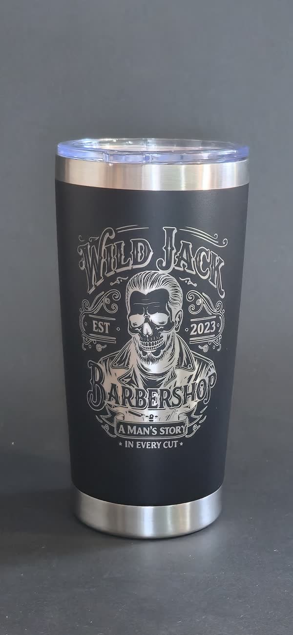 Black 20 oz tumbler engraved with the Wild Jack Barbershop logo